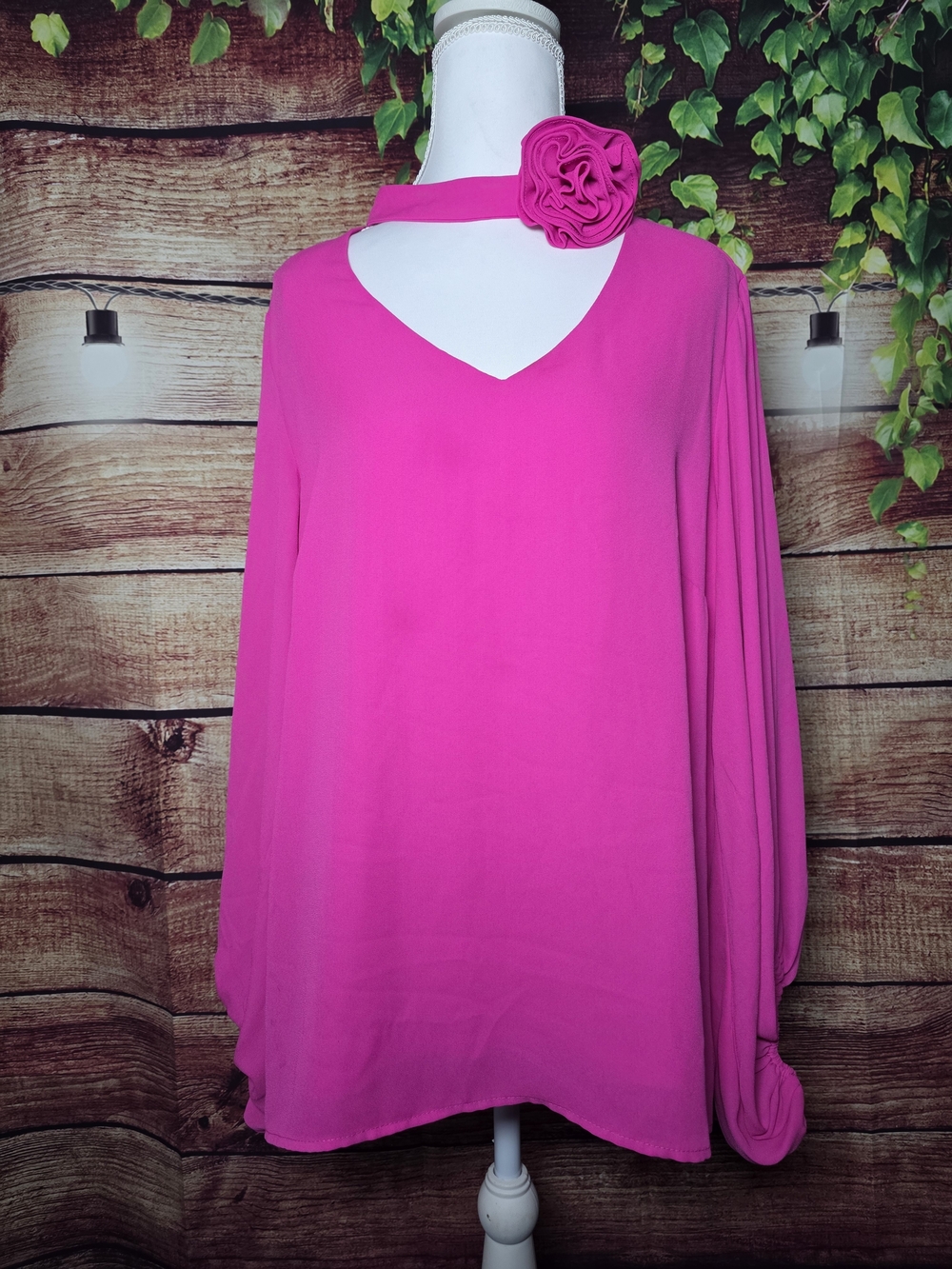 CeCe Hot Pink V-Neck Chiffon Blouse with Flower Choker